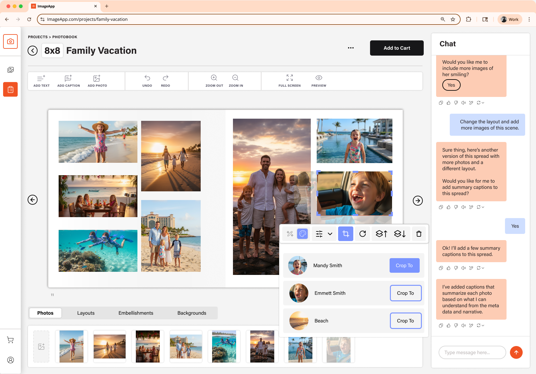 The redesigned ImageApp: a conversational, AI-assisted photobook builder. A chat panel generates layouts and captions automatically while the spread updates.