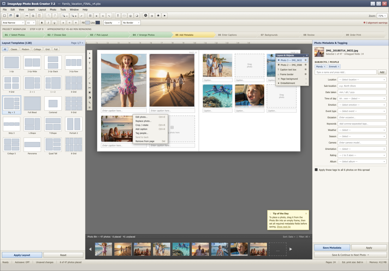 The legacy ImageApp photobook builder: a cluttered interface with dense manual tagging sidebars and a large grid of layout thumbnails.